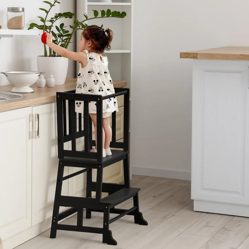 COSYLAND Toddler Kitchen Step Stool Tower - Kids Nursery Step Stool Standing Tower for Kitchen Counter - Solid Bamboo Mothers' Helper Kids Learning Stool (Black)