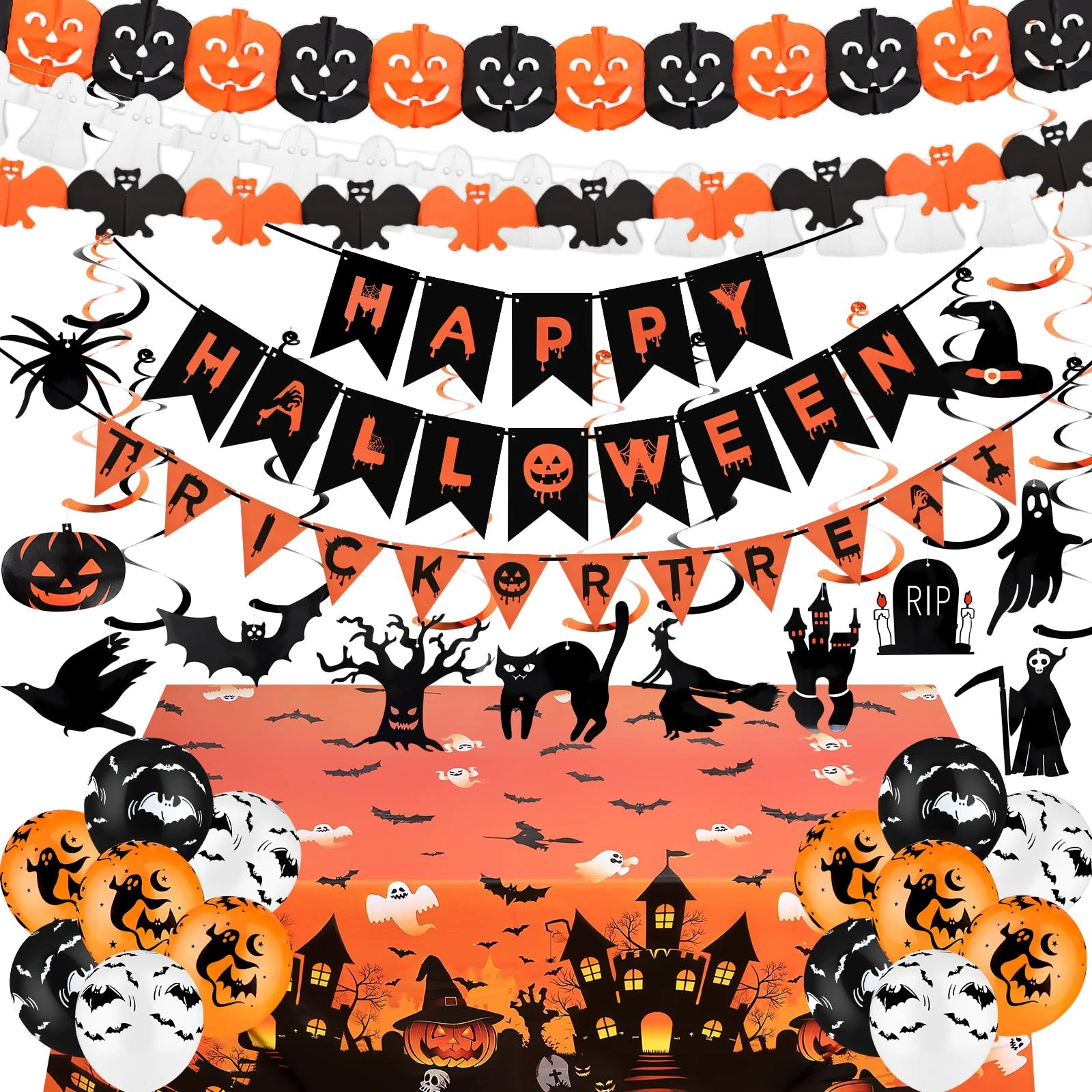 BAIEGOED 33PCS Halloween Decorations, Happy Halloween Banner Bunting, Trick or Treat Banner, Garlands Pumpkin Bat Ghost, Hanging Swirls, Balloons and Tablecloth for Party Indoor Outdoor Decor