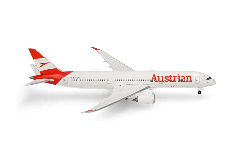 Herpa model aircraft Austrian Airlines Boeing 787-9 Dreamliner, miniature in scale 1:500, collector’s item, model without stand, metal