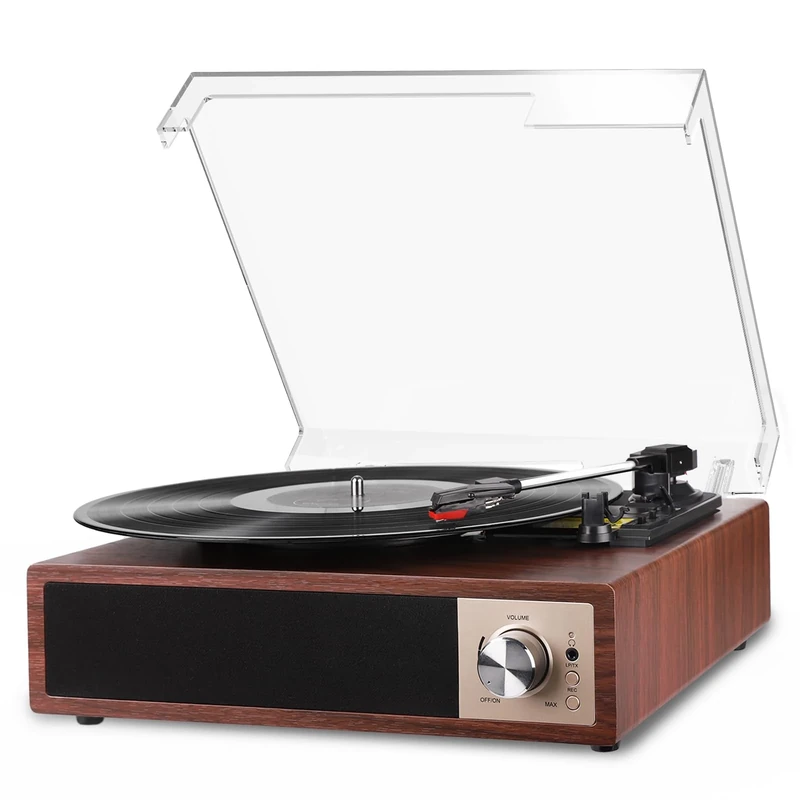 Record Player, VOKSUN Bluetooth Vinyl Turntable with Built-in Stereo Speaker Belt-Driven Vintage Phonograph Record Player Vinyl Player, 3 Speed Turntable with Digital Encoder, USB, RCA, Aux IN, Walnut
