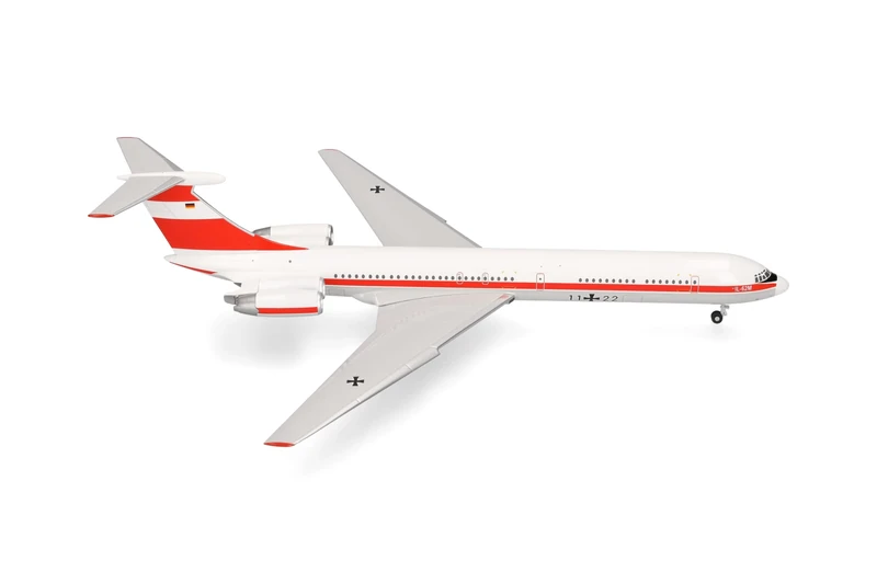 Herpa model aircraft German Air Force Flight Service Ilyushin IL-62M, miniature in scale 1:200, collector’s item, model without stand, metal