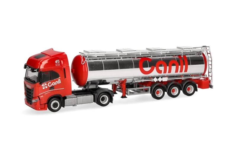 Herpa truck model Iveco S-Way chemical tanker semi-trailer "Canil", miniature in scale 1:87, collector's item, Made in Germany, plastic