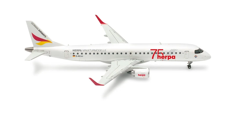 Herpa model aircraft German Airways Embraer E190 "Herpa 75 Years", miniature in scale 1:200, collector’s item, model without stand, plastic