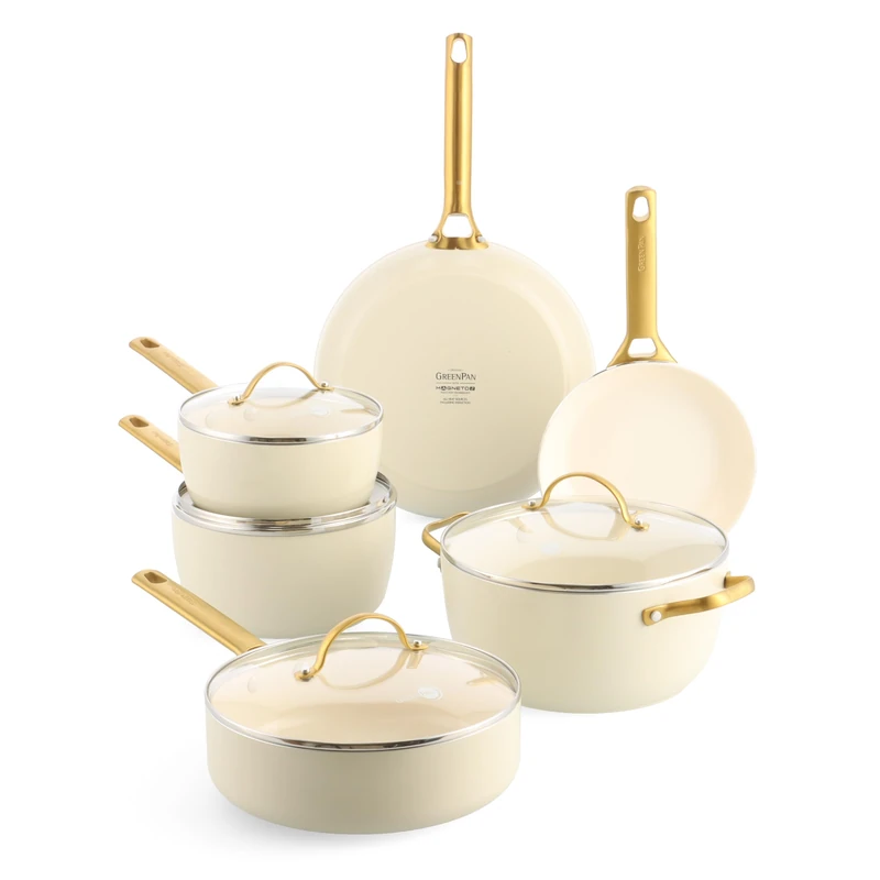 GreenPan Reserve Hard Anodised Healthy Ceramic Non-Stick Cookware, 10 Pieces, with Frying Pans, Saute Pan and Stewing Pot, Gold Handle, PFAS-Free, Induction, Oven-Safe, Dishwasher Safe, Cream White