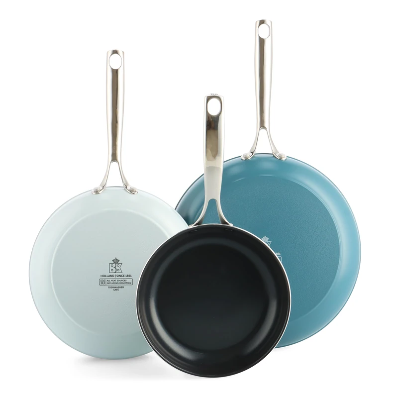 BK Sky Ceramic Non-Stick Pan Set, 3 Pieces, Diameter 20/24/28 cm, PFAS-Free, Induction Safe, Oven Safe up to 220 °C, Dishwasher Safe, Quick Heating, Stainless Steel Handles, Blue