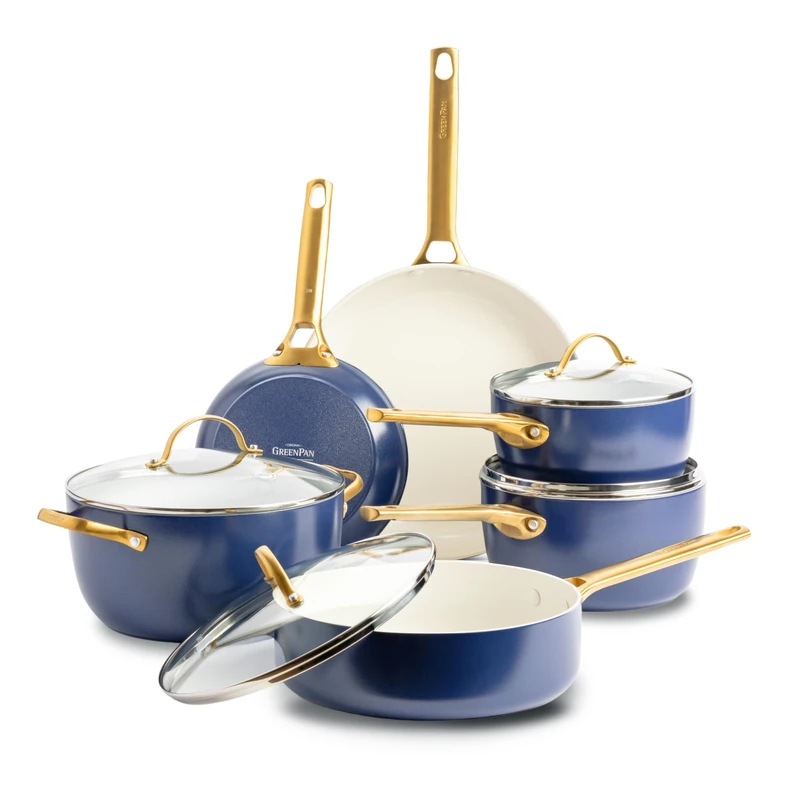 GreenPan Reserve Hard Anodised Healthy Ceramic Non-Stick Cookware Set, 10 Pieces, Includes Frying Pans Saute Pan and Cooking Pot, Gold Handle, PFAS-Free, Induction, Oven-Safe, Blush Blue