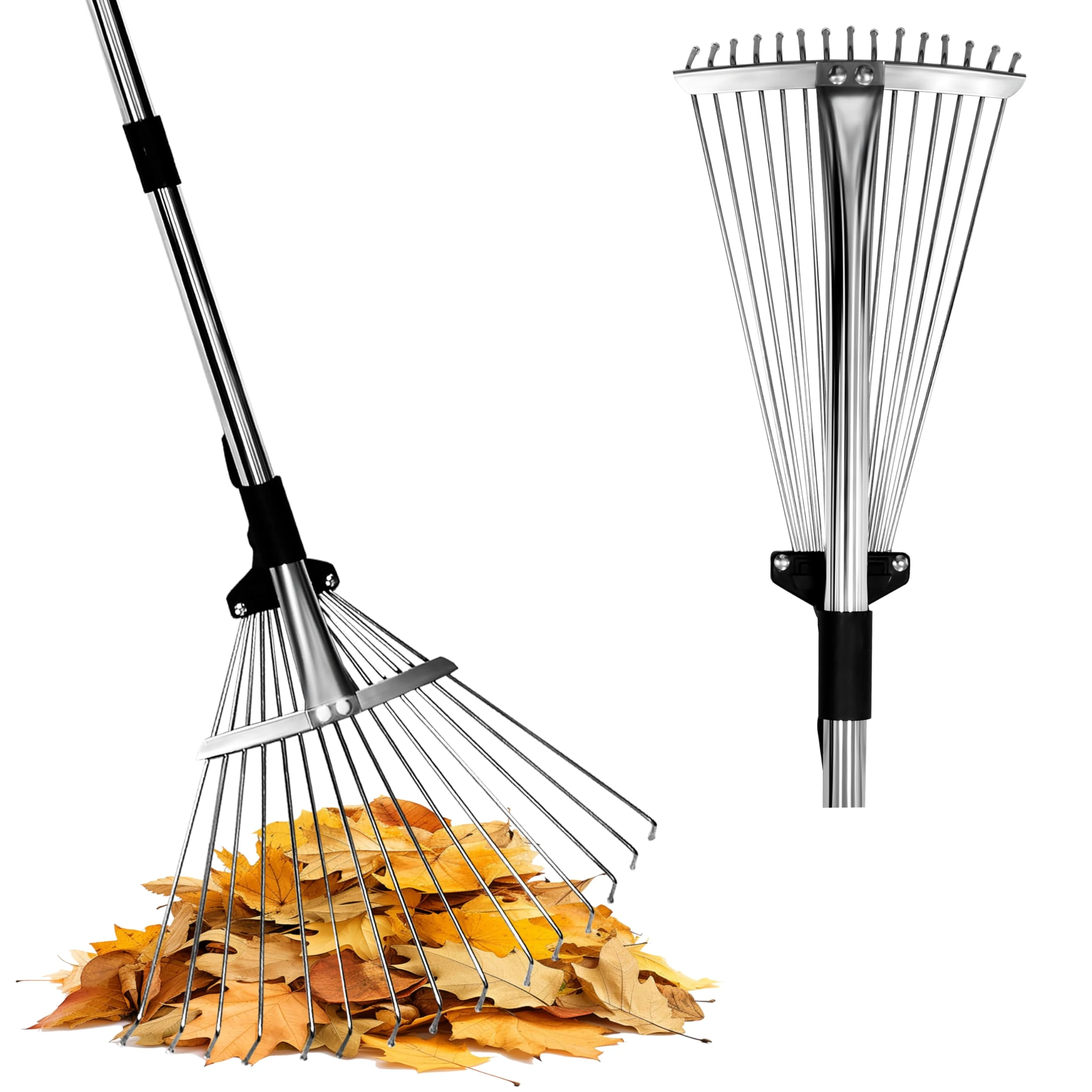 TIKTALK Garden Rake 175cm (68 Inch) - with Adjustable 20-40cm Leaf Rake for Garden & Tight Spaces - Easily Clean Gardening Leaves for Adults/Kids