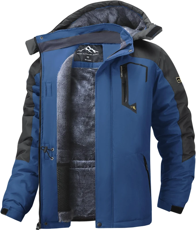 Tansozer Mens Waterproof Coats with Hood Winter Warm Fleece Jacket Windproof Snowboarding Outwear Multi Pockets, Denim Blue, XL