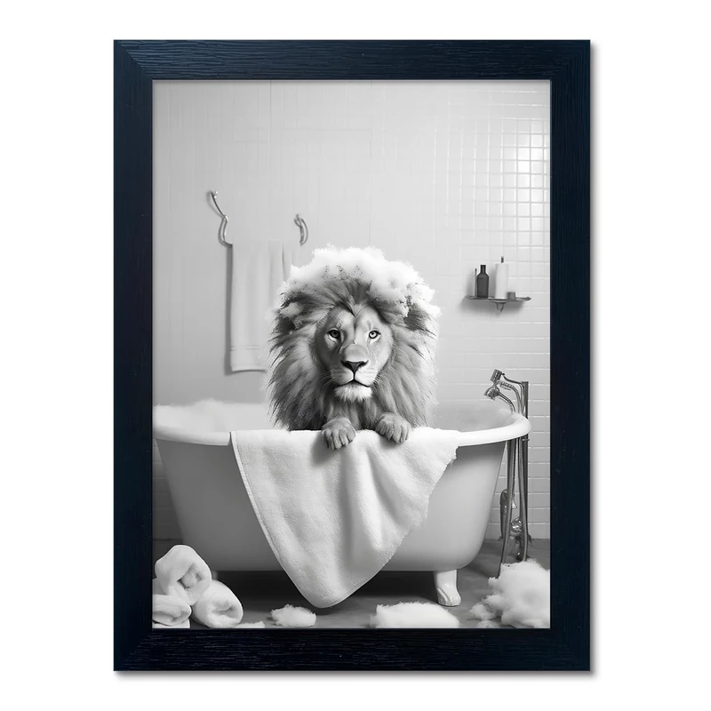 Framed Black and White Lion Wall Art Bathroom Pictures Wall Decor Funny Bathroom Wall Art Animal Canvas Print Artwork