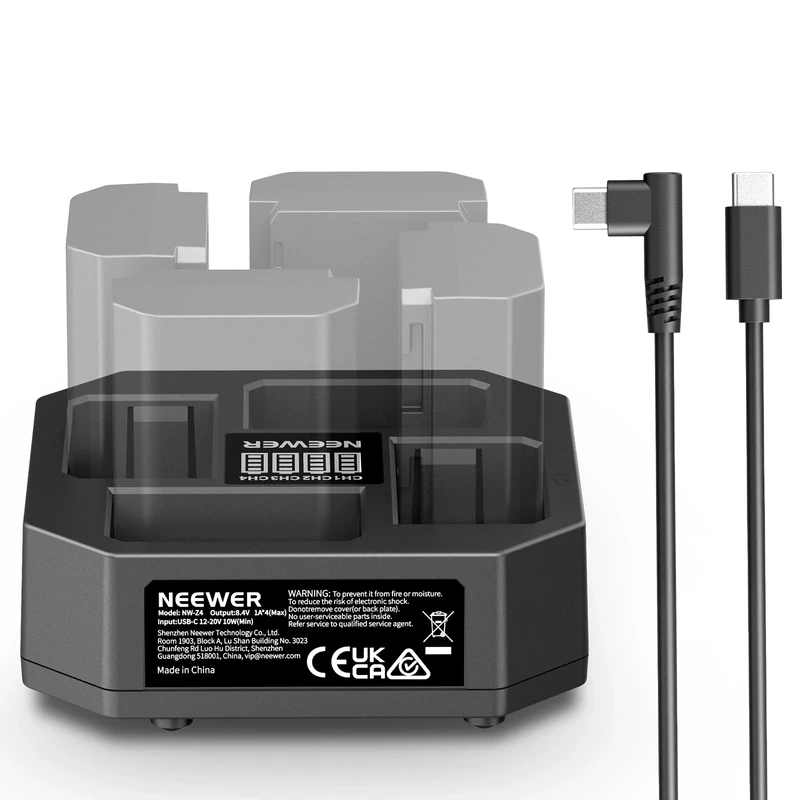 NEEWER 4 Channel NP-FZ100 Charger Compatible with Sony A7 IV A9iii A1 A7R V A7Cii A6700 ZV-E1 FX3 FX30, 45W PD Fast Charging NP-FZ100 Battery Charger with Battery Display, 45W USB C PD Cable, NW-Z4