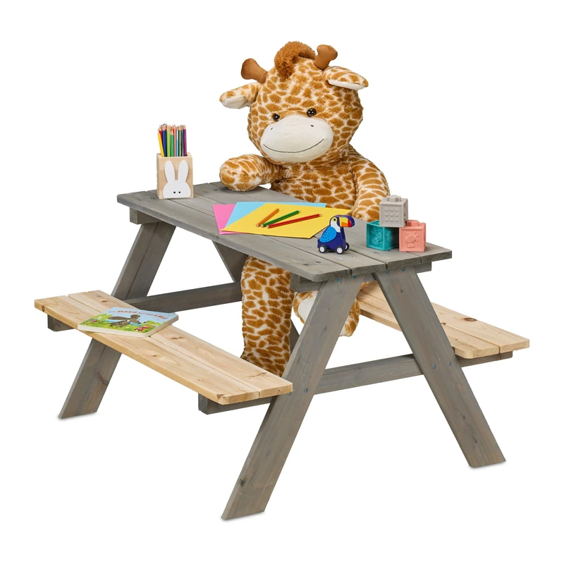Relaxdays Children's Picnic Table, Garden Bench for Kids, HWD: 51 x 90 x 78 cm, Seating for 4 Kids, Wood, Grey/Natural