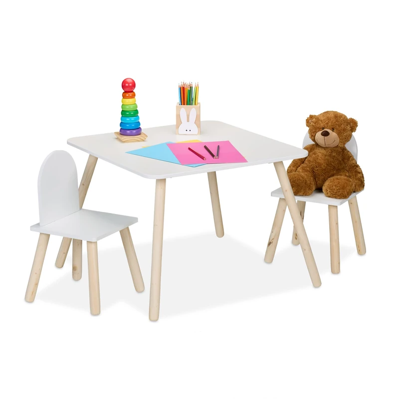 Relaxdays Kids Table & 2 Chairs Set, 3-Piece, Playroom Furniture, Children's Room Seating, Boys & Girls, White/Natural, Fibreboard, Wood, 45 x 60 x 60 cm
