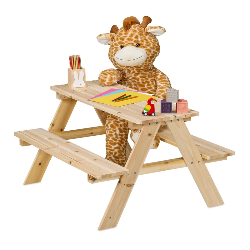 Relaxdays Children's Picnic Table, Garden Bench, HWD: 51 x 90 x 78 cm, Seating for 4 Kids, Wood, Natural