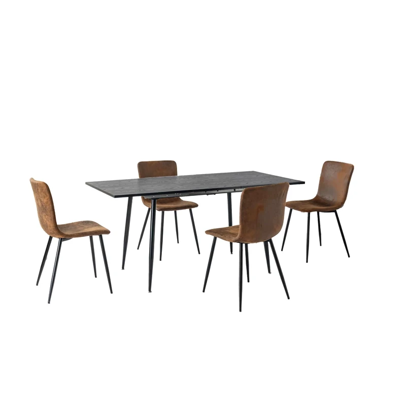 39F Furniture Dream Extendable Dining Table Set for 4, Black Wooden Effect Stretch Table with 4 Brown Faux Suede Dining Chairs, Industrial Kitchen Dining Room Furniture Set