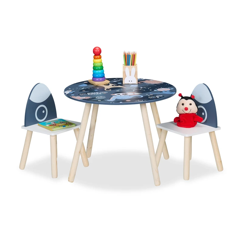Relaxdays Kids Table & 2 Chairs Set, 3-Piece, Playroom Furniture, Space Dino, Children's Room Seating, Multicoloured, Fibreboard, Wood, 44.5 x 60 x 60 cm