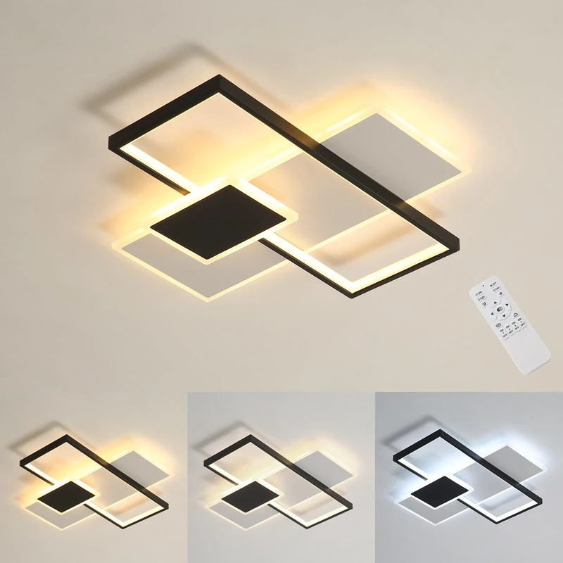 Comely Rectangular LED Ceiling Light 50 cm, Black/White 46W, Dimmable 3000K-6500K with Remote Control, Modern Living Room