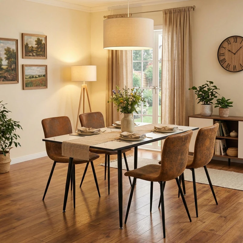 39F Furniture Dream Extendable Dining Table Set for 4, White Marble Effect Stretch Table with 4 Brown Faux Suede Chairs, Kitchen Dining Room Furniture Set