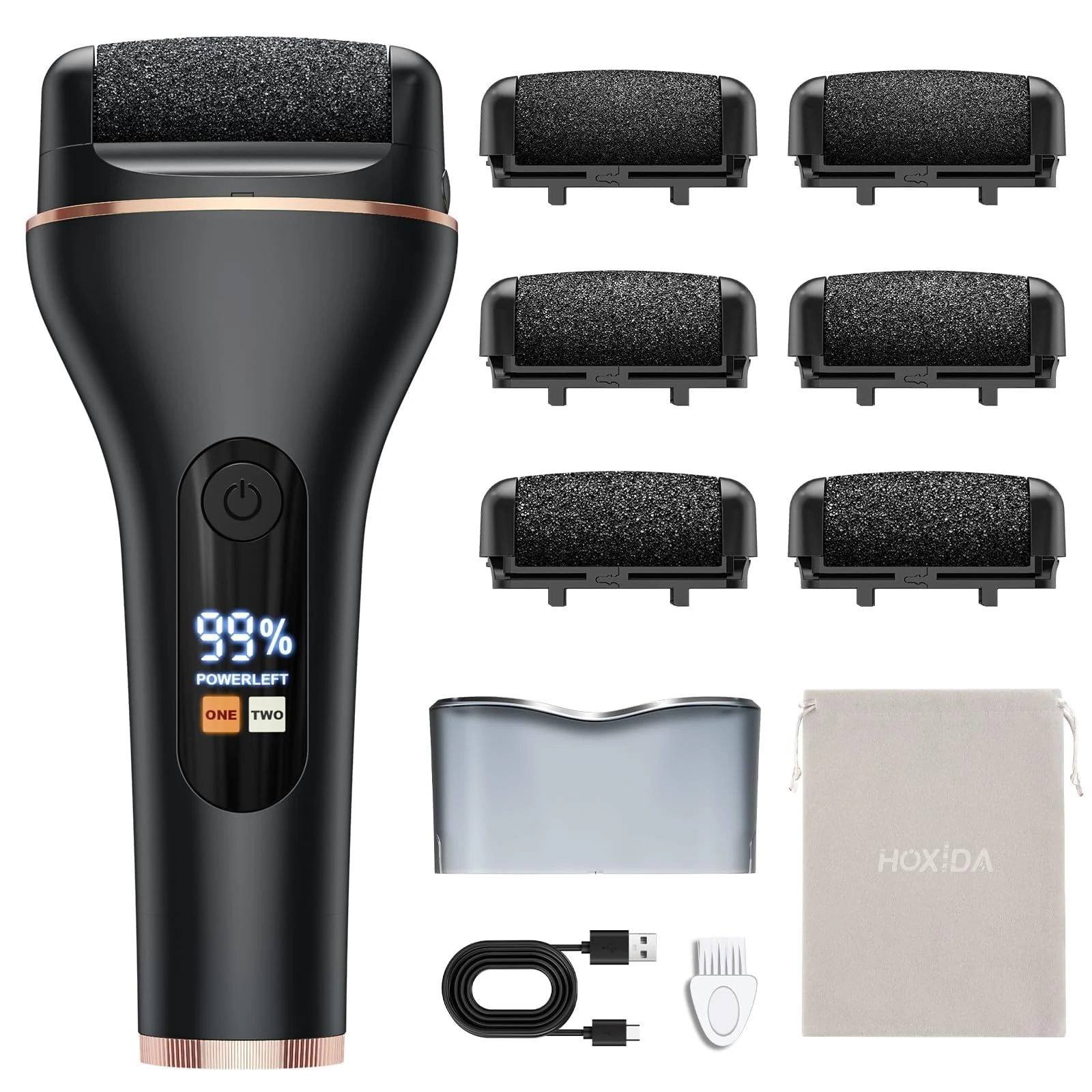 Hoxida Electric Foot File for Hard Skin with 6 Replacement Rollers, IPX7 Waterproof Rechargeable Callus Remover for Feet Pedicure Set for Dead Skin (Black)