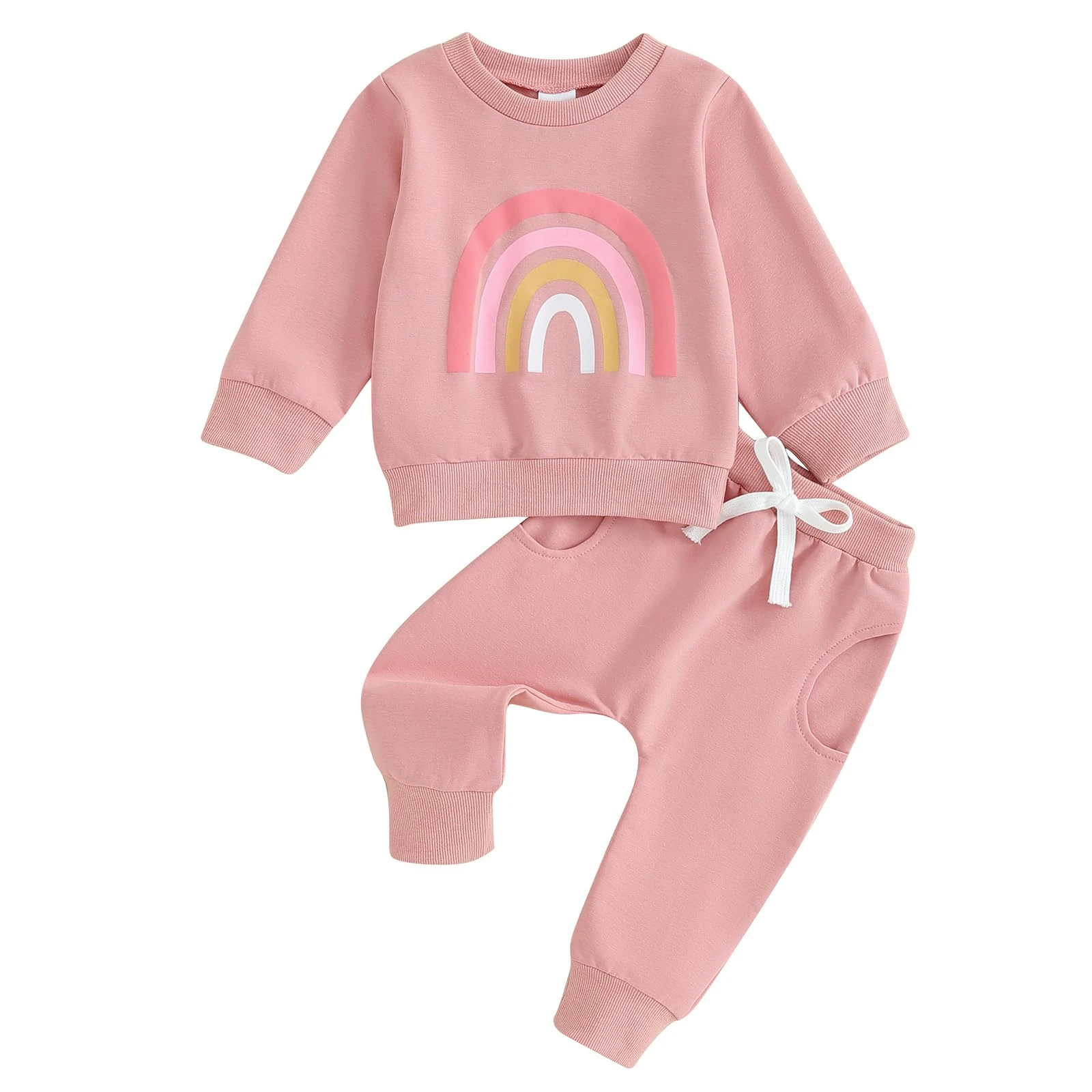 Geagodelia Toddler Baby Girl Fall Winter Outfits Long Sleeve Rainbow Print Sweatshirt Pullover T shirt with Elastic Waist Sweatpants Tracksuit Sets 2Pcs Clothes for Little Girls (Pink, 18-24 Months)