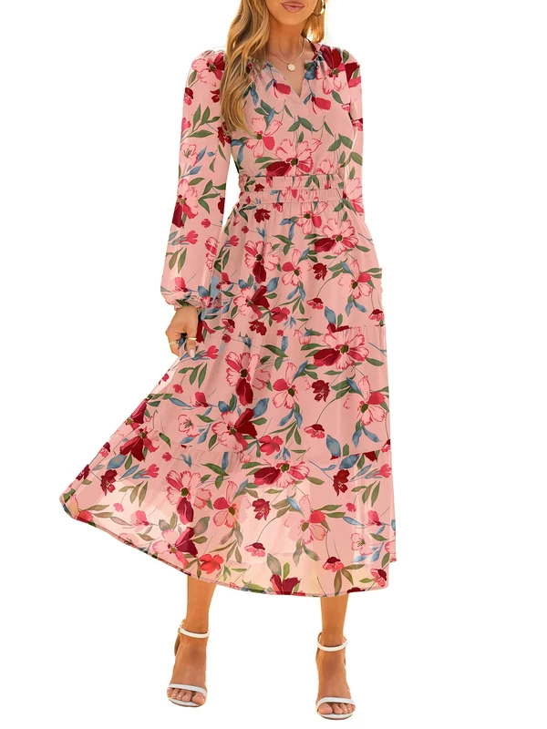 Simplee Women's Floral Boho Long Sleeve Maxi Dress V Neck Empire Waist Swing Flowy Wedding Guest Dress, Pink Floral, L