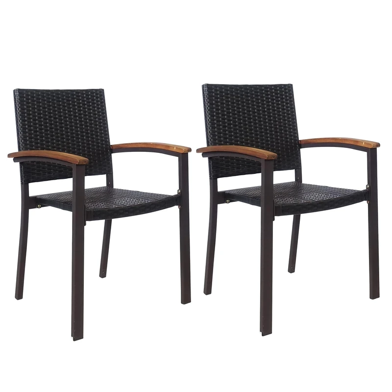 GiantexUK Rattan Garden Chairs Set of 2/4, Stackable Outdoor Dining Chairs with Acacia Wood Armrests, All-weather Patio Bistro Seating for Backyard Poolside Deck Lawn (2)