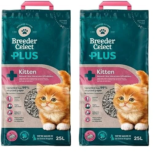 Breeder Celect Plus Kitten Cat Litter (25L) - 99 Percent Recycled Paper, Absorbent Cat Litter, Natural Probiotics & Attractant, Optimal Odor Control, Non-Clumping, Biodegradable - Made in UK