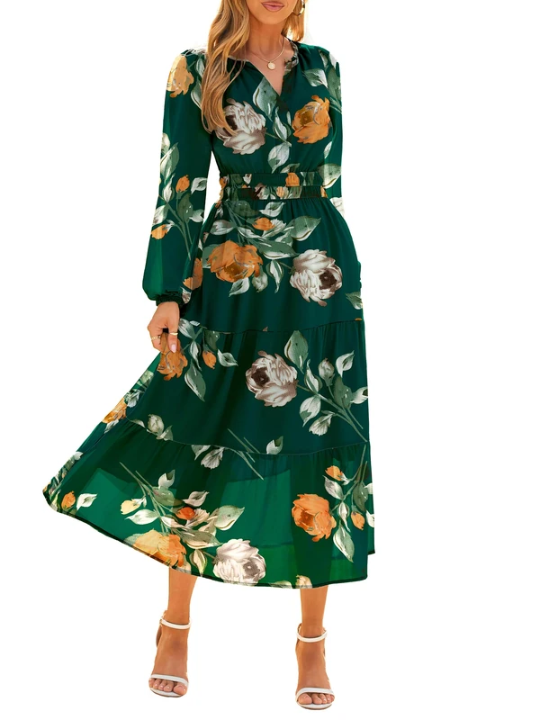 Simplee Women's Floral Boho Long Sleeve Maxi Dress V Neck Empire Waist Swing Flowy Wedding Guest Dress, Green Floral, M - Image 1