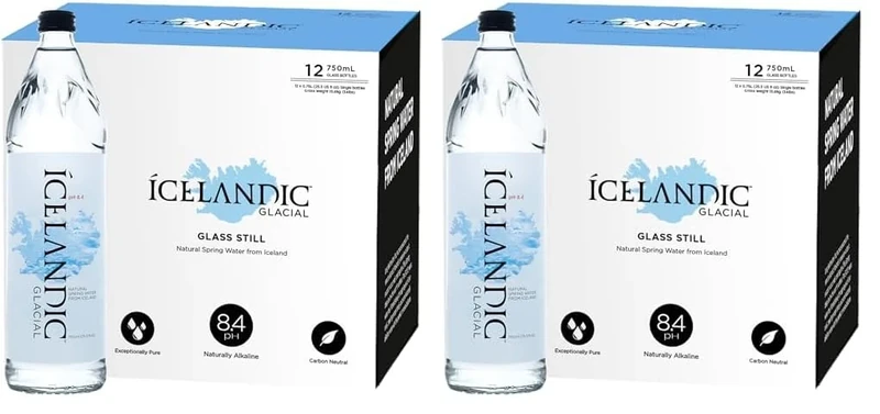 Icelandic Glacial Premium Still Water 12 x 750ml Glass Bottles – Alkaline/Low PH, Recycled Packaging, BPA Free, Carbon Neutral from Icelandic Spring. Low TDS and Mineral Content. (Pack of 2)