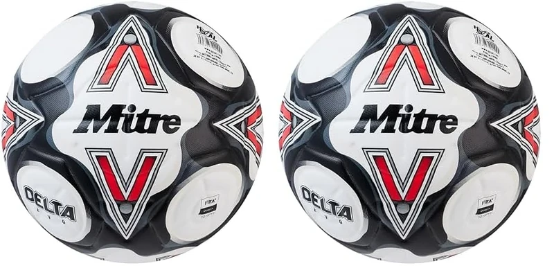 Mitre Delta Football | Highly Durable | Enhanced Accuracy and Consistency, White/Black/Bib Red, 5 (Pack of 2)
