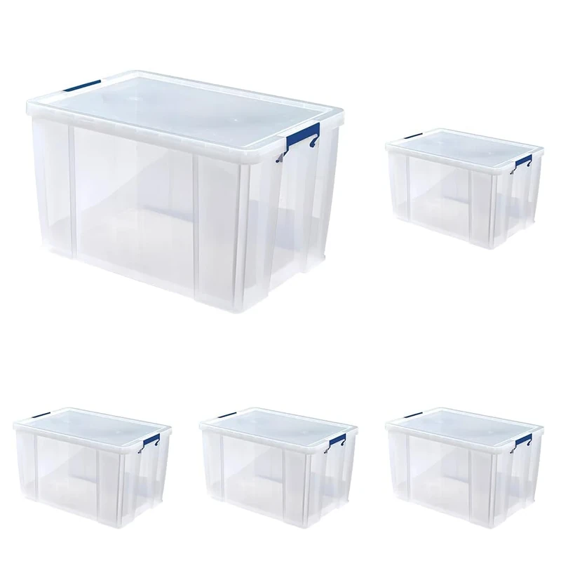 BANKERS BOX 85L Plastic Storage Boxes with Lids. ProStore Super Strong Stackable Plastic Storage Boxes (37.5 x 58 x 38.5cm), Made in the UK, Clear (Pack of 5)