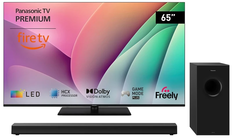 Panasonic TV-65W80AEY 65" 4K Ultra HD Smart TV, Fire TV SC-HTB600EBK Home Theatre Soundbar with Bluetooth and Dolby Atmos