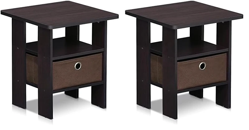 Furinno Andrey Side Table, Nightstand with Bin Drawer, Dark Walnut (Pack of 2)