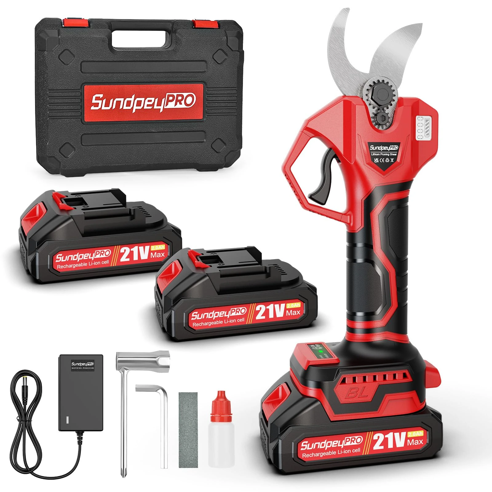 SundpeyPRO 21V Electric Pruning Shears - Max 45mm Cutting Diameter Cordless Garden Secateurs Pruning Scissors with 2 X 2.0Ah Battery & Brushless Motor & Portable Case for Garden Orchard Tree Branch