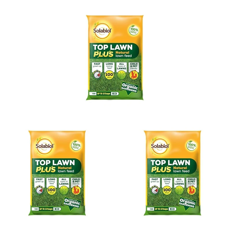 Solabiol Toplawn Plus, 15kg - Natural Fertiliser - Improves Soil Nutrients - Organic Approved - New & Existing Lawns (Pack of 3)