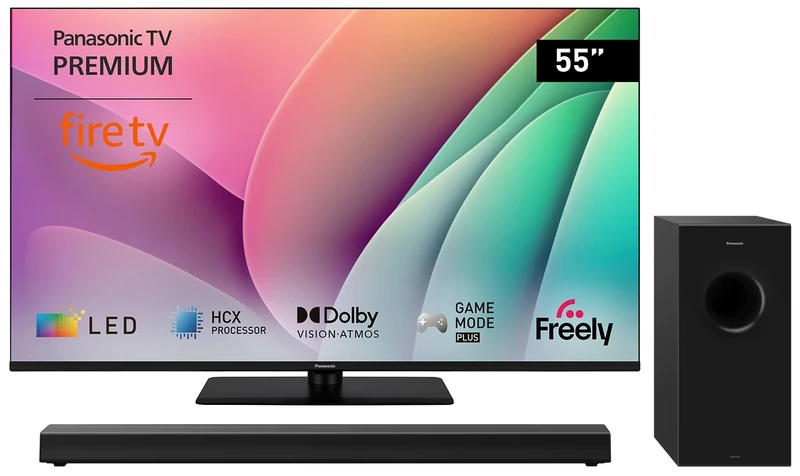 Panasonic TV-55W80AEY 55" 4K Ultra HD Smart TV, Fire TV SC-HTB600EBK Home Theatre Soundbar with Bluetooth and Dolby Atmos