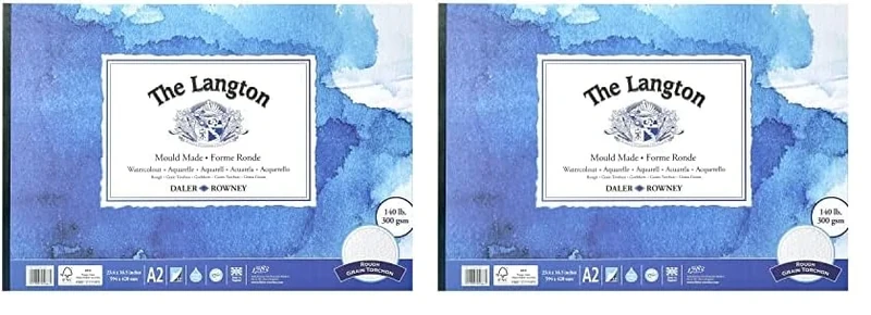 Daler-Rowney The Langton Rough 300gsm A2 Watercolour Paper Pad, Glued 1 Side, Acid-Free, 12 Natural White Sheets, Ideal for Professional Artists (Pack of 2)