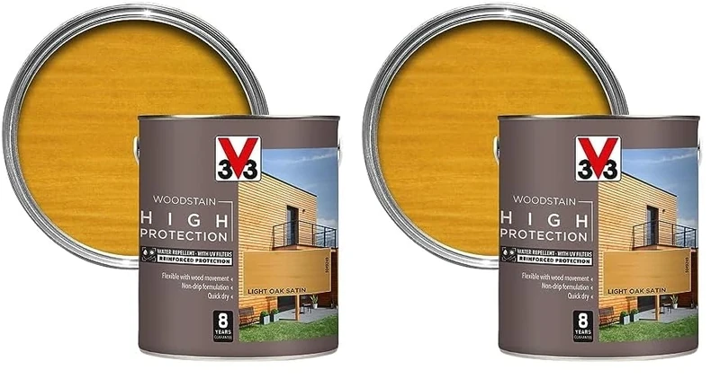V33 High Protection Woodstain - 8-Year Guarantee - UV Filters - Water-Repellent - Quick-Drying - Only 2 Coats - Light Oak 2.5 litres (Pack of 2)