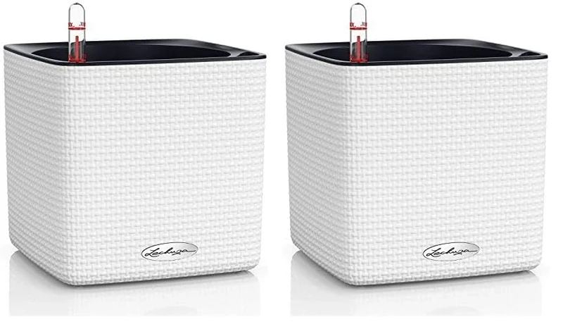 Lechuza Self Watering Plant Pot Indoor CUBE Color 16 Plastic Small Flower Herb Planter without Drainage Hole H16 L17 W17 cm White (Pack of 2)