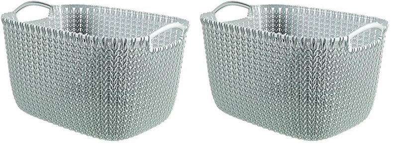 Curver Knit Effect Kitchen, Living room, Bathroom, Bedroom, Utility Large Rectangular Storage Basket 19 Litres - Misty Blue (Pack of 2)