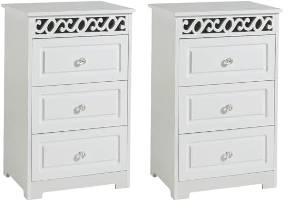 Home Source White Wooden Chest Storage Unit Bedroom Organiser Bedside Tallboy, 3 Drawer (Pack of 2)