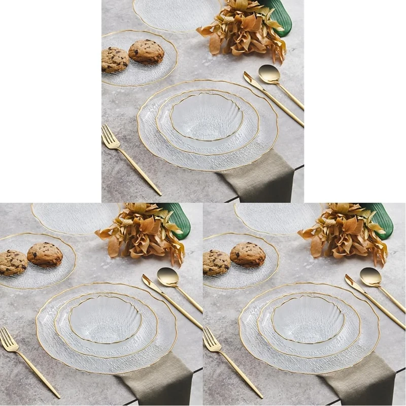 Karaca Milanda Glass Dinner Set for 4 People - 12 Piece Kitchen Dinnerware Sets - Crockery Dining Set with Round Plates and Bowls Dishes Set - Transparent Gold (Pack of 3)