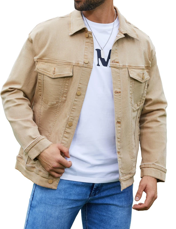 Bindefon Denim Jackets for Men Trucker Jean Jacket Unlined Coats Spring Fall Outfits, Khaki, M