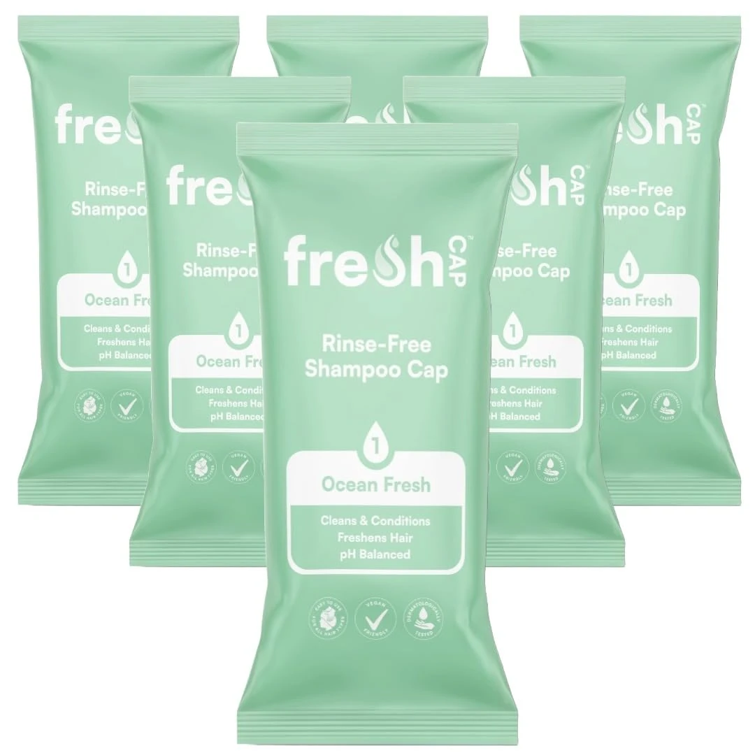 FreshWipes Ocean Fresh Shampoo Cap Pack of 6 - No Rinse for Elderly or Disabled - Cleanses & Conditions for No Shower Access, Camping & Festival Use - Dermatologically Tested