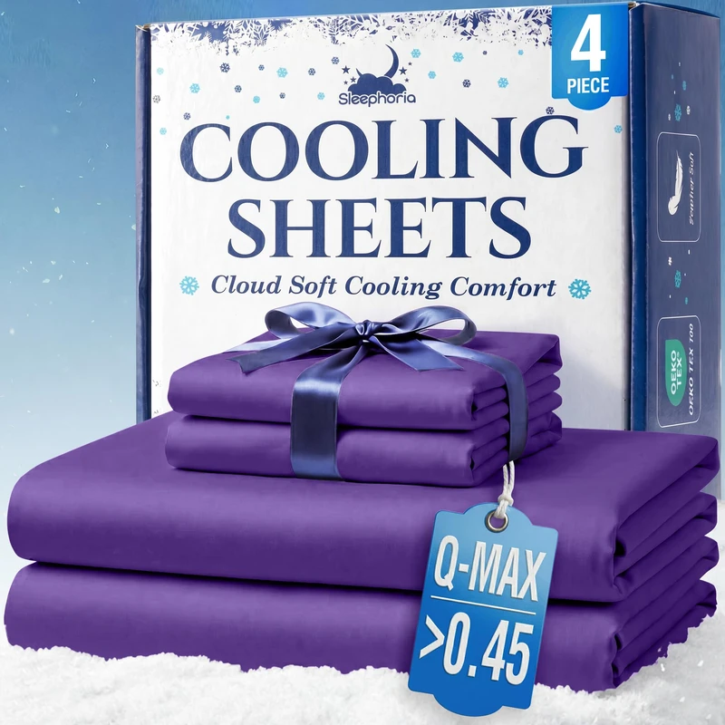 SLEEPHORIA 4 PC Cooling Sheets Queen Size Bed Set - Temperature Regulating Bedding for Hot Sleepers - Deep Pocket Cooling Bed Sheets Queen for Night Sweats and All-Night Cool Comfort (Regal Purple)