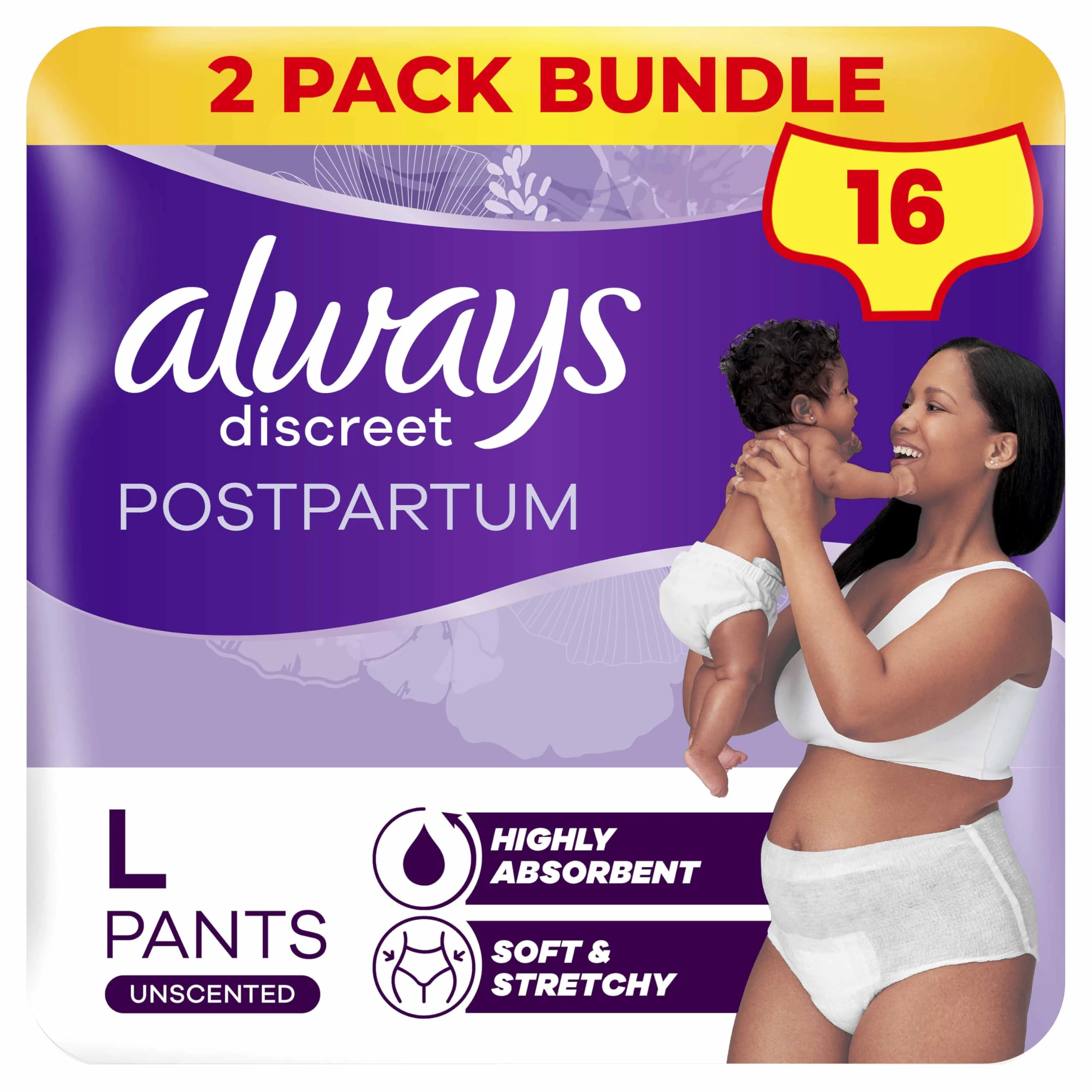 Always Discreet Postpartum & Adult Incontinence Pants High-Waisted Maternity Knickers Super Absorbent, Soft & Breathable Size Large, 16 Count (8 x 2 Packs)
