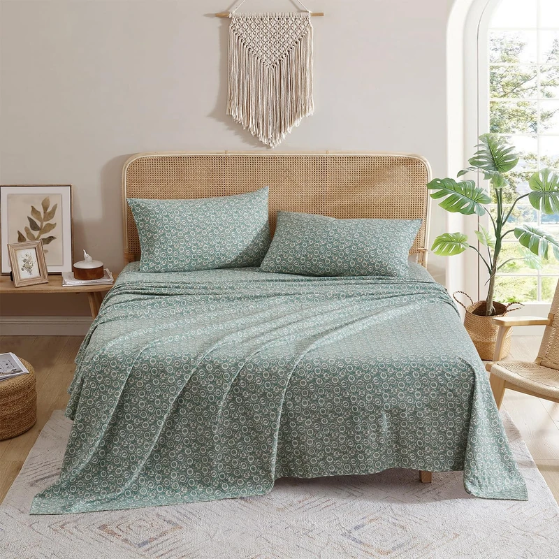 Indigo Ink - King Bed Sheets, Cotton Flannel Bedding with Matching Pillowcases, Ultra-Soft Floral Bed Set, Medium-Weight for All Year Use, Oeko-Tex Certified (Jacobean Oasis Collection, Green)