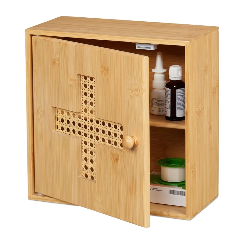 Relaxdays Medicine Cabinet, Bamboo, Freestanding First Aid Cupboard, HWD: 28 x 28 x 16 cm, Medication Storage, Natural