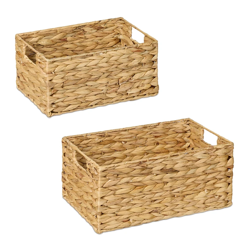 Relaxdays Storage Baskets, Set of 2, 2 Sizes, Woven Shelf Organisers for Bathroom & Living Room, Water Hyacinth, Natural, Plant fibre