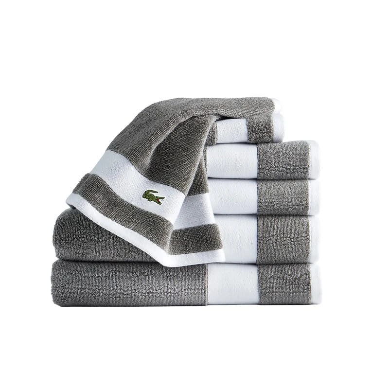 Lacoste Sport Stripe 6-Piece Luxury Cotton Towel Set – Made with 100% Soft Supima Cotton, Absorbent & Quick-Drying, Includes 2 Bath Towels, 2 Hand Towels, 2 Washcloths, Meteorite