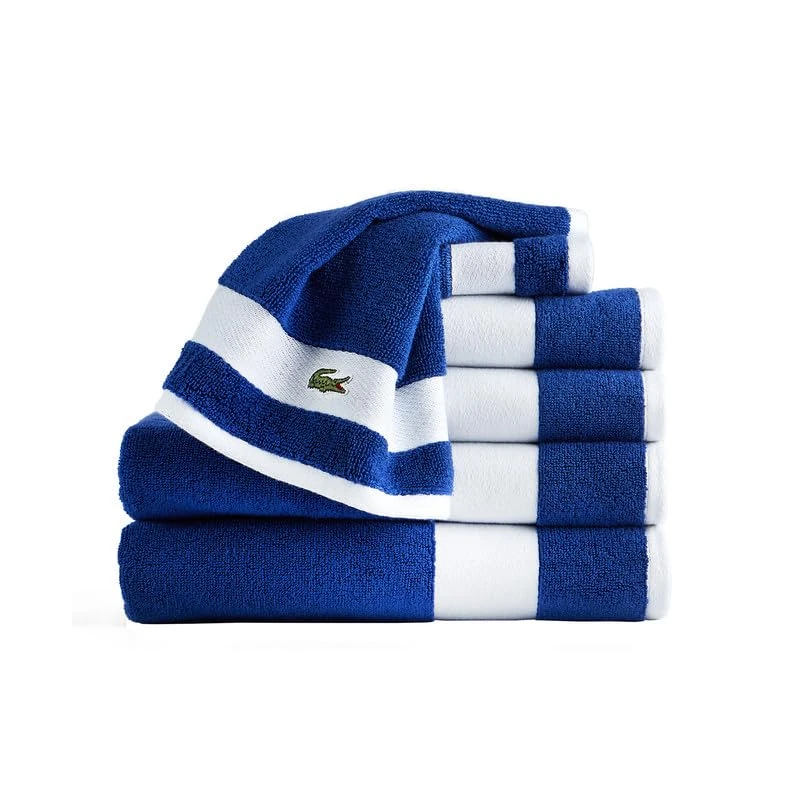 Lacoste Sport Stripe 6-Piece Luxury Cotton Towel Set – Made with 100% Soft Supima Cotton, Absorbent & Quick-Drying, Includes 2 Bath Towels, 2 Hand Towels, 2 Washcloths, Surf Blue